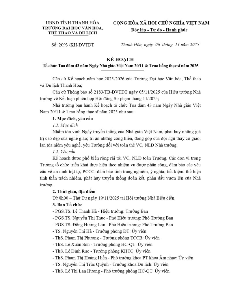 Kế hoạch tổ chức Tọa đ&agrave;m 43 năm Ng&agrave;y NGVN 20.11 & Trao bằng thạc sĩ năm 2025 (1)_page-0001.jpg